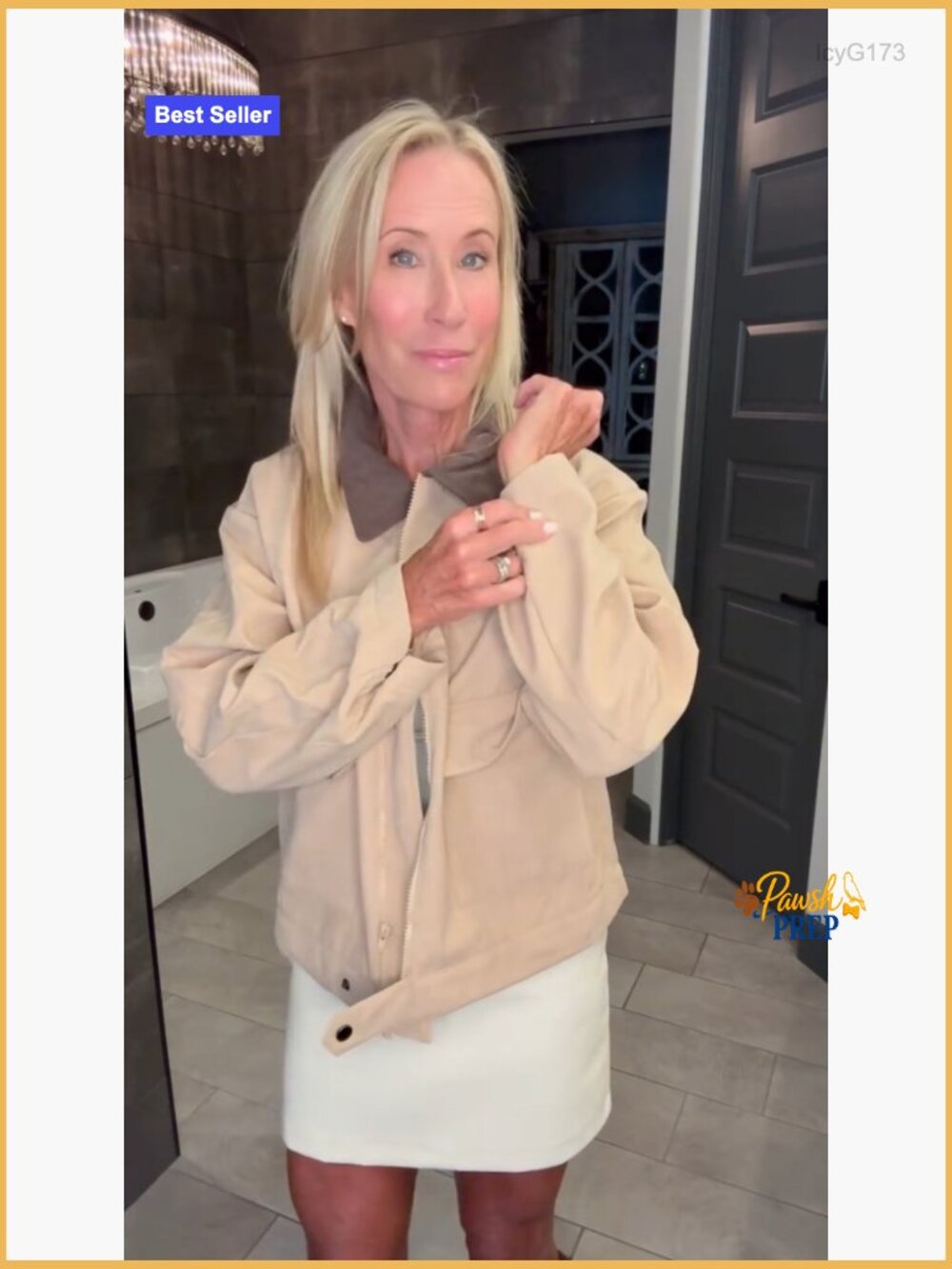 Faux Suede Cropped Zip Up Jacket with Contrast Collar and Pockets - Picture 7 of 7